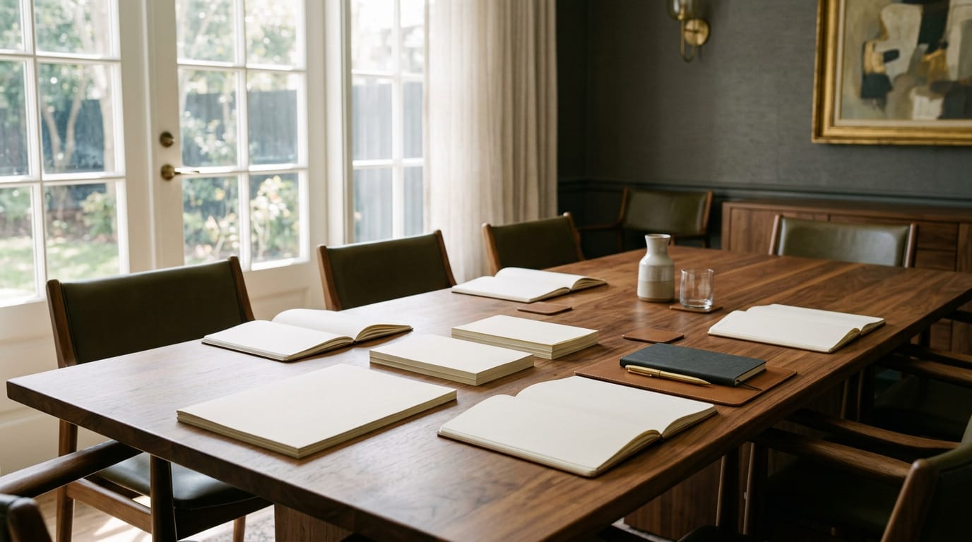 Mesa de juntas de madera con cuadernos abiertos y luz de ventana