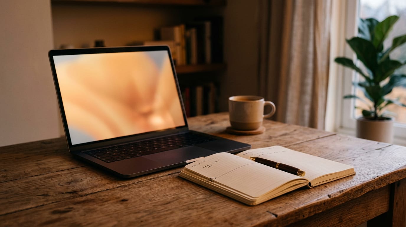 Escritorio con laptop, cuaderno y pluma bajo luz cálida