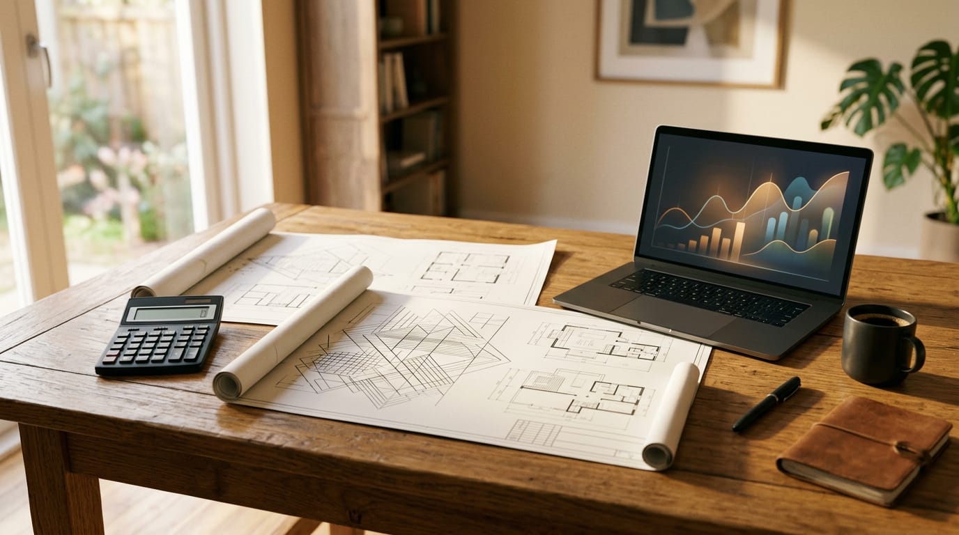 Escritorio con planos, calculadora y laptop con gráficas bajo luz de tarde