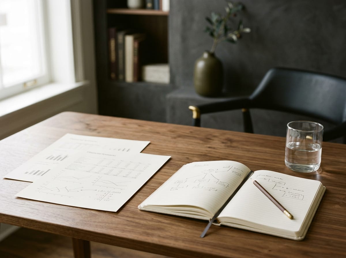 Escritorio de trabajo estratégico con documentos, cuaderno y luz cálida